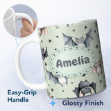Personalized Custom Name Cute Baby Bats Flying with Stars Soft Sage Green Background 11oz Ceramic Coffee Tea Mug White Large Handle
