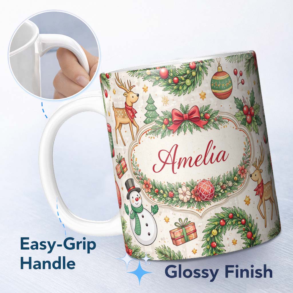 Personalized Custom Name Classic Christmas Plaid Tree Reindeer Seamless Pattern Lovely 11oz Ceramic Coffee Tea Mug White Large Handle