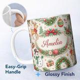 Personalized Custom Name Classic Christmas Plaid Tree Reindeer Seamless Pattern Lovely 11oz Ceramic Coffee Tea Mug White Large Handle