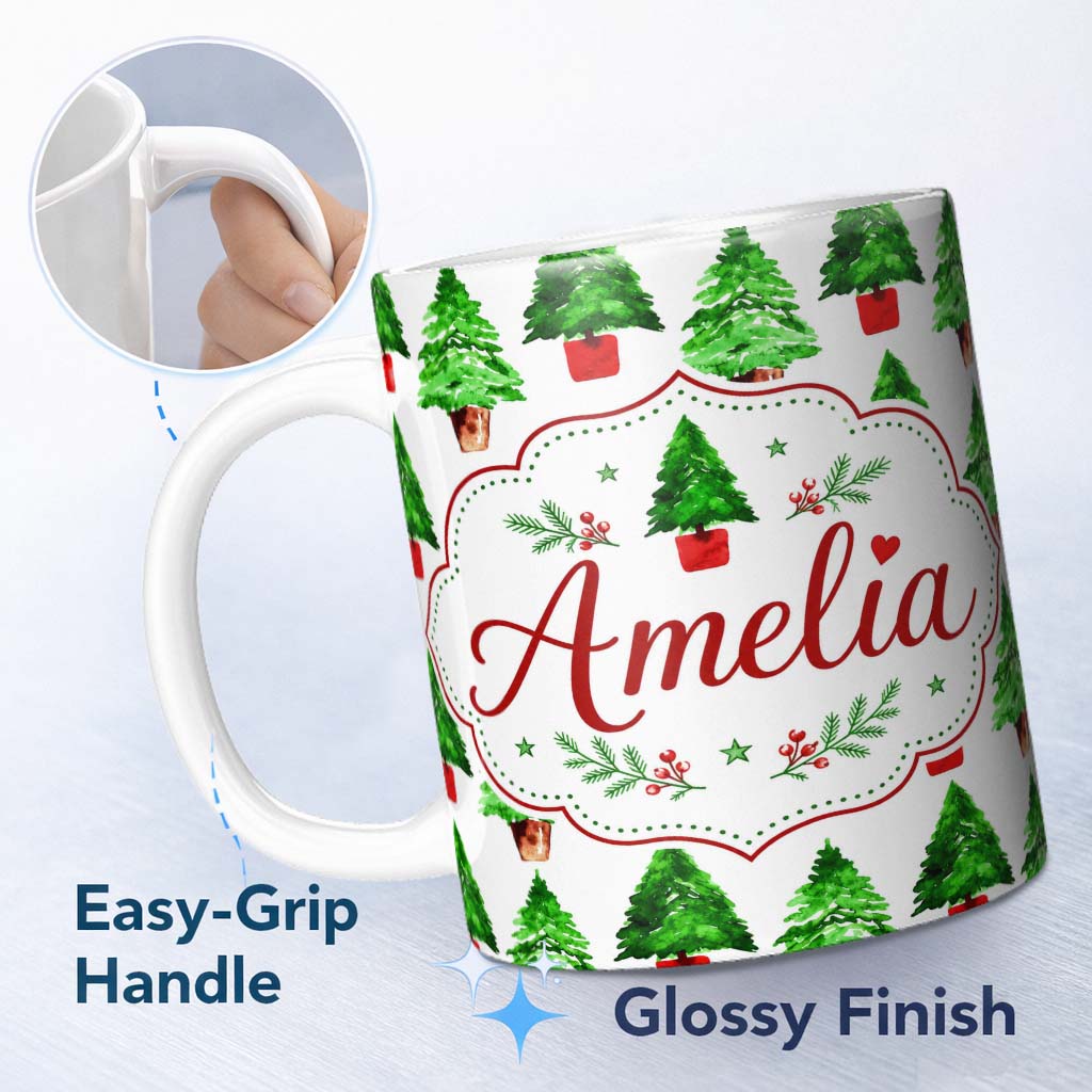 Personalized Custom Name Watercolor Christmas Trees in Pots Hand Painted Seamless Pattern 11oz Ceramic Coffee Tea Mug White Large Handle