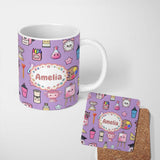 Personalized Custom Name Cute Kawaii Graduation School Science Art Supplies Pattern Purple 11oz Ceramic Coffee Tea Mug White Large Handle