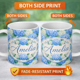 Personalized Custom Name Vibrant Blue Hydrangea Cluster Seamless Pattern Perfect Gift for Her 11oz Ceramic Coffee Tea Mug White Large Handle