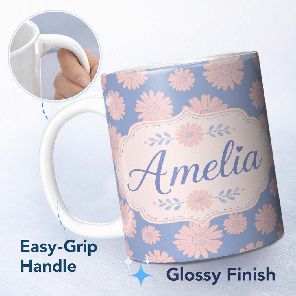 Personalized Custom Name White Daisy Floral Pattern on Soft Blue Background Seamless Pattern 11oz Ceramic Coffee Tea Mug White Large Handle