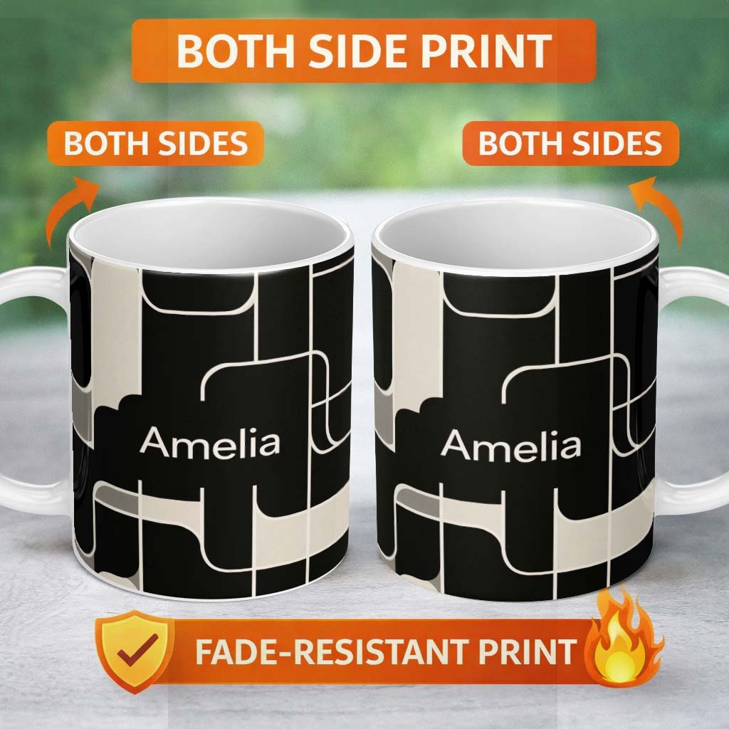 Personalized Custom Name Contemporary Line Grid Black Cream Abstract Outline Pattern Lovely 11oz Ceramic Coffee Tea Mug White Large Handle