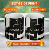 Personalized Custom Name Contemporary Line Grid Black Cream Abstract Outline Pattern Lovely 11oz Ceramic Coffee Tea Mug White Large Handle