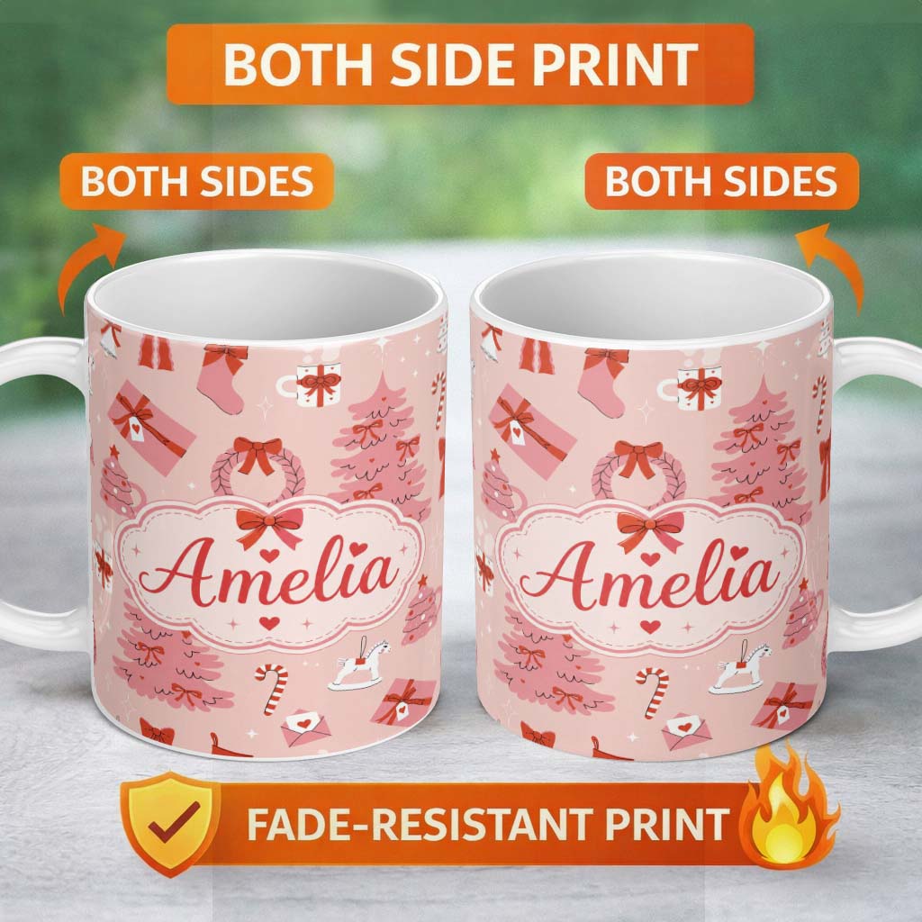 Personalized Custom Name Cute Pink Christmas Trees Gifts Candy Canes Festive Seamless Pattern 11oz Ceramic Coffee Tea Mug White Large Handle