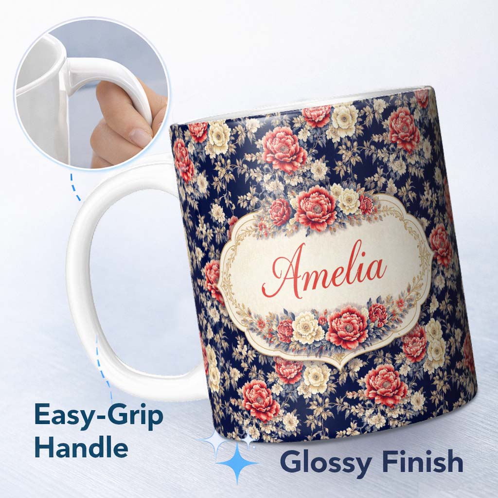 Personalized Custom Name Antique Style Cream Floral Botanical Seamless Pattern Neutral Lovely 11oz Ceramic Coffee Tea Mug White Large Handle