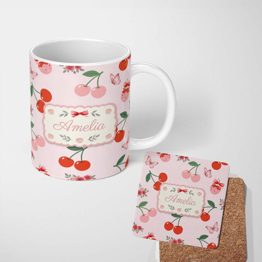 Personalized Custom Name Cute Cherry Fruit with Bow and Sprinkles Seamless Pattern Soft Pink 11oz Ceramic Coffee Tea Mug White Large Handle