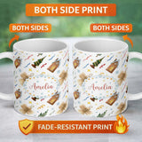 Personalized Custom Name Rustic Christmas Angel House Tree Stars Seamless Pattern Lovely 11oz Ceramic Coffee Tea Mug White Large Handle