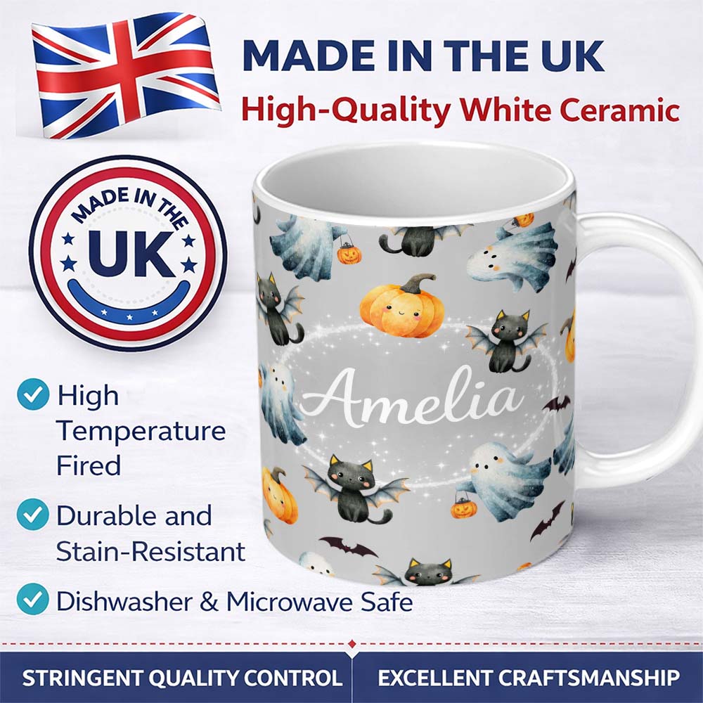 Personalized Custom Name Halloween Ghost Pumpkin Cat Seamless Pattern Cool Grey Cute Spooky 11oz Ceramic Coffee Tea Mug White Large Handle