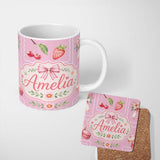 Personalized Custom Name Cute Strawberry Cherry Ribbon Bow Sweet Dessert Pattern Warm 11oz Ceramic Coffee Tea Mug White Large Handle