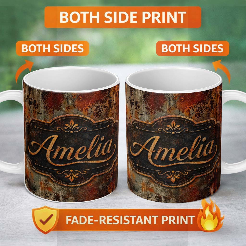 Personalized Custom Name Abstract Dark Rust Paint Splash Seamless Pattern Grunge Artistic 11oz Ceramic Coffee Tea Mug White Large Handle