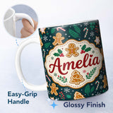 Personalized Custom Name Cute Gingerbread Cookies Candy Canes Holly Festive Seamless Pattern 11oz Ceramic Coffee Tea Mug White Large Handle