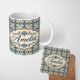Personalized Custom Name Classic Navy and Beige Decorative Tile Pattern with Symmetrical 11oz Ceramic Coffee Tea Mug White Large Handle