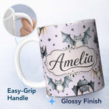 Personalized Custom Name Cute Watercolor Bats and Stars Seamless Pattern Pastel Lilac Lovely 11oz Ceramic Coffee Tea Mug White Large Handle