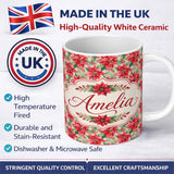 Personalized Custom Name Soft Watercolour Poinsettia Christmas Floral Seamless Pattern Lovely 11oz Ceramic Coffee Tea Mug White Large Handle
