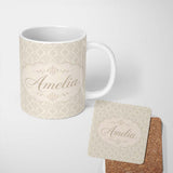 Personalized Custom Name Classic Ornamental Teardrop Damask Beige Seamless Pattern Lovely 11oz Ceramic Coffee Tea Mug White Large Handle