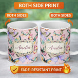 Personalized Custom Name Colorful Watercolor Butterflies on Dusty Pink Background Seamless 11oz Ceramic Coffee Tea Mug White Large Handle