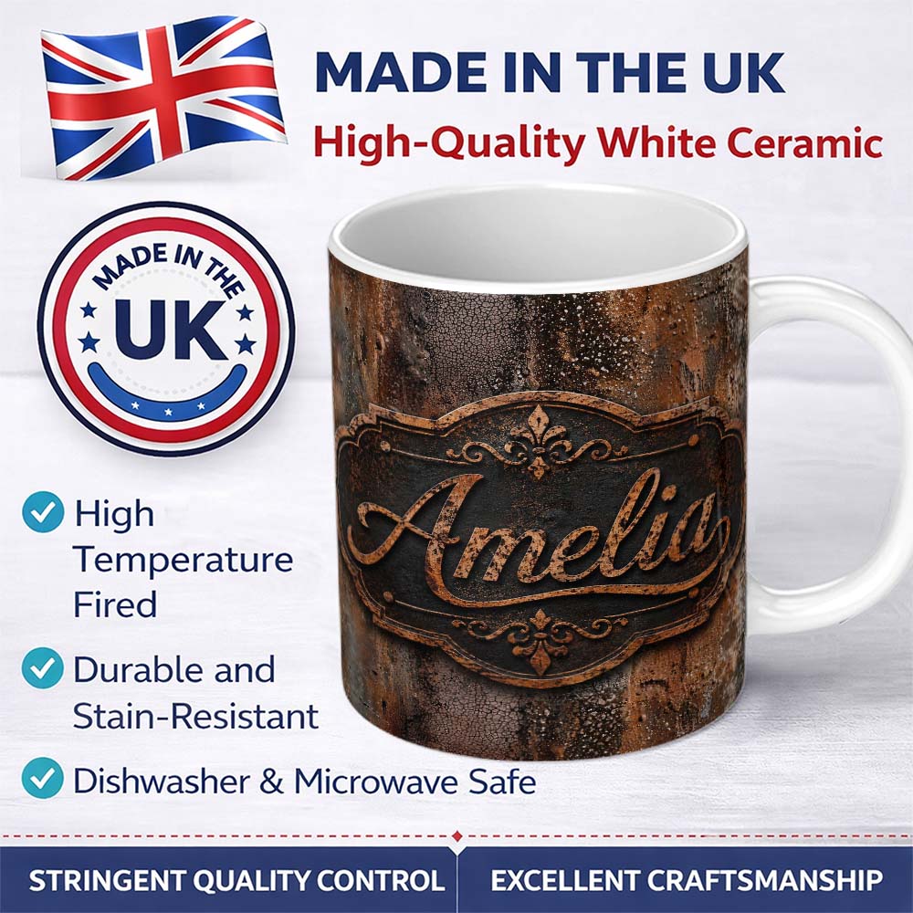 Personalized Custom Name Distressed Rust Metal Surface Texture Dark Brown Grunge Seamless 11oz Ceramic Coffee Tea Mug White Large Handle