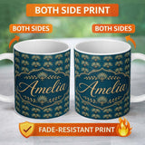 Personalized Custom Name Art Deco Gold and Teal Floral Fan Seamless Pattern Cute Unique Gift 11oz Ceramic Coffee Tea Mug White Large Handle