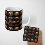 Personalized Custom Name Haunted Pumpkin Skull Floral Dark Background Halloween Seamless 11oz Ceramic Coffee Tea Mug White Large Handle