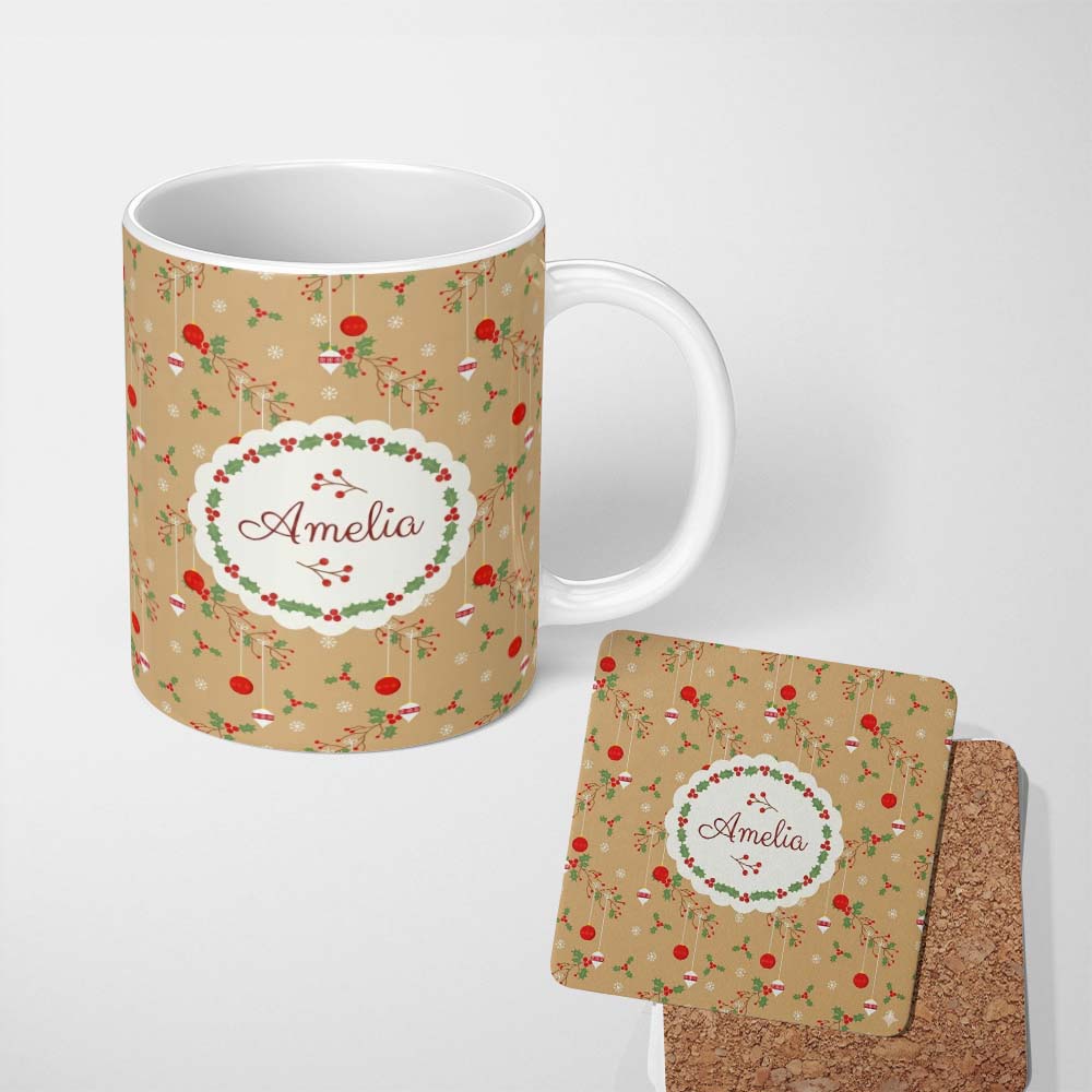 Personalized Custom Name Minimal Christmas Ornaments Hanging Baubles Holly Branches and 11oz Ceramic Coffee Tea Mug White Large Handle