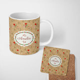 Personalized Custom Name Minimal Christmas Ornaments Hanging Baubles Holly Branches and 11oz Ceramic Coffee Tea Mug White Large Handle