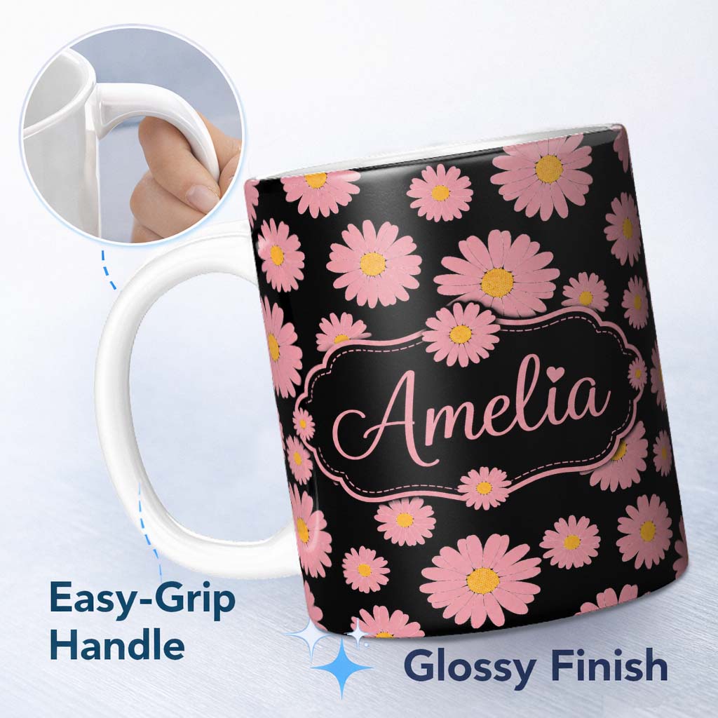 Personalized Custom Name Pink Daisy Floral Seamless Pattern on Light Background Lovely 11oz Ceramic Coffee Tea Mug White Large Handle