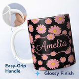 Personalized Custom Name Pink Daisy Floral Seamless Pattern on Light Background Lovely 11oz Ceramic Coffee Tea Mug White Large Handle