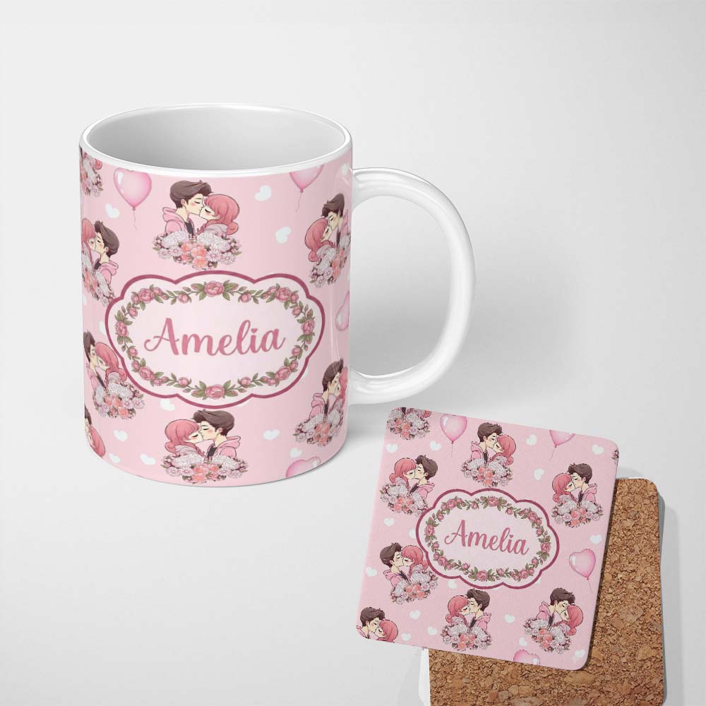 Personalized Custom Name Romantic Couple Kissing Floral Bouquet Hearts Pattern Soft Pink 11oz Ceramic Coffee Tea Mug White Large Handle