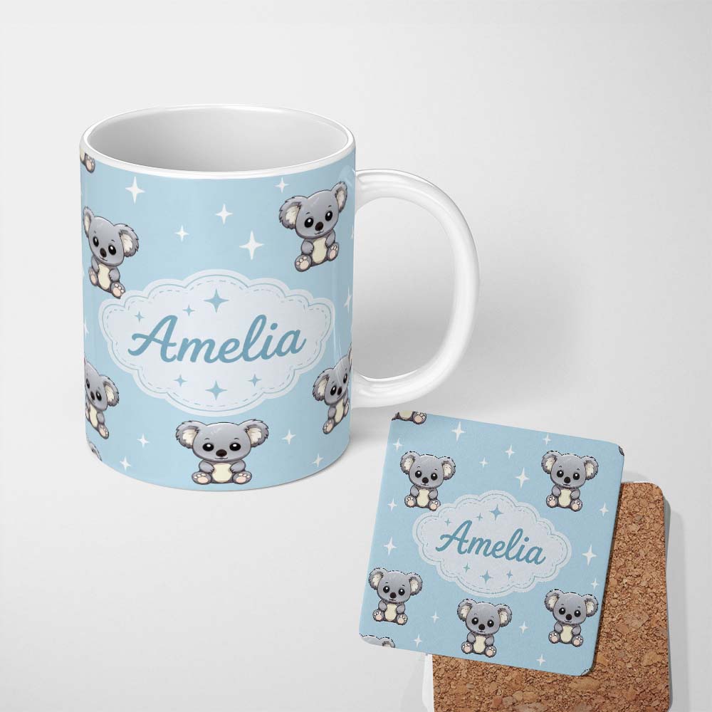 Personalized Custom Name Cute Cartoon Koala Bears with Stars on Blue Background Seamless 11oz Ceramic Coffee Tea Mug White Large Handle