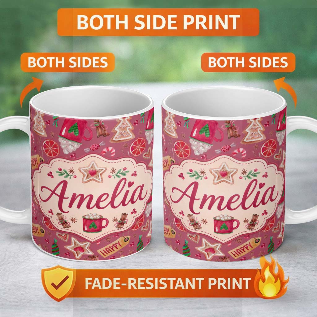 Personalized Custom Name Festive Christmas Mug Candy Cookie Orange Seamless Pattern Lovely 11oz Ceramic Coffee Tea Mug White Large Handle