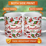 Personalized Custom Name Christmas Stockings Gifts Candy Cane Snowflake Seamless Pattern 11oz Ceramic Coffee Tea Mug White Large Handle