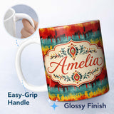 Personalized Custom Name Abstract Grunge Stripe Pattern in Red Teal Yellow and Black Lovely 11oz Ceramic Coffee Tea Mug White Large Handle