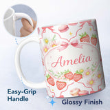 Personalized Custom Name Strawberry Cherry Daisy White Red Outline Cute Coquette Floral 11oz Ceramic Coffee Tea Mug White Large Handle