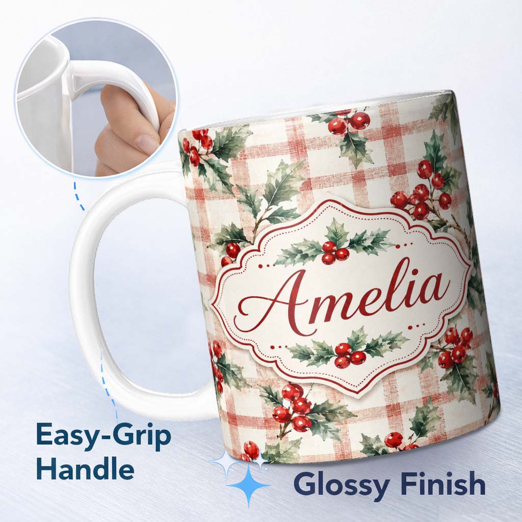 Personalized Custom Name Watercolor Holly Berry Plaid Background Seamless Pattern Lovely 11oz Ceramic Coffee Tea Mug White Large Handle