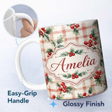 Personalized Custom Name Watercolor Holly Berry Plaid Background Seamless Pattern Lovely 11oz Ceramic Coffee Tea Mug White Large Handle