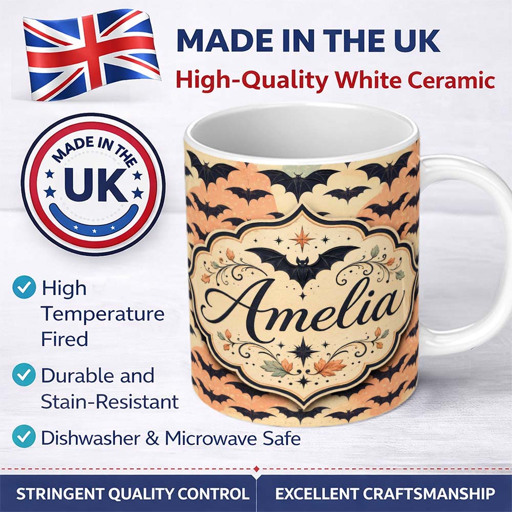 Personalized Custom Name Bats with Pastel Cloud Layers Unique Halloween Seamless Pattern 11oz Ceramic Coffee Tea Mug White Large Handle