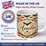 Personalized Custom Name Bats with Pastel Cloud Layers Unique Halloween Seamless Pattern 11oz Ceramic Coffee Tea Mug White Large Handle