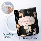 Personalized Custom Name Safari Animals with Elephant Lion and Leopard Cub on Light Grey 11oz Ceramic Coffee Tea Mug White Large Handle