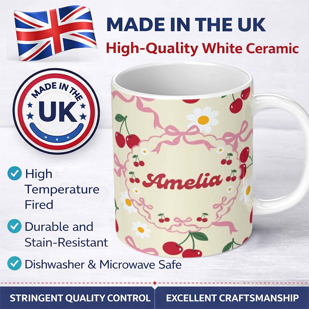 Personalized Custom Name Cute Cherry and Daisy Flowers with Pink Ribbon Bows Pattern Cream 11oz Ceramic Coffee Tea Mug White Large Handle