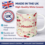 Personalized Custom Name Cute Cherry and Daisy Flowers with Pink Ribbon Bows Pattern Cream 11oz Ceramic Coffee Tea Mug White Large Handle