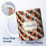 Personalized Custom Name Abstract Orange Black Fluid Marble Swirl Seamless Pattern Lovely 11oz Ceramic Coffee Tea Mug White Large Handle