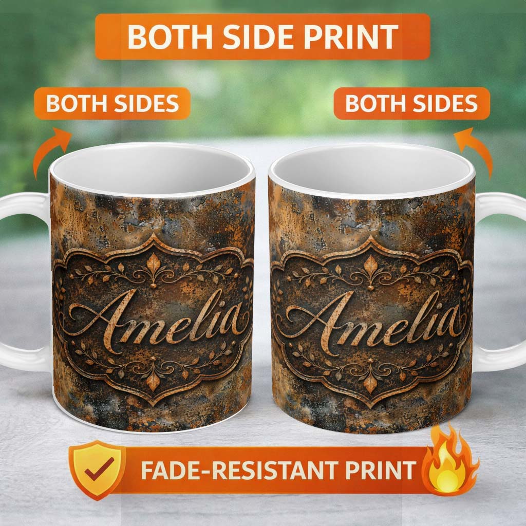 Personalized Custom Name Rustic Metallic Corrosion Texture Brown Industrial Grunge Seamless 11oz Ceramic Coffee Tea Mug White Large Handle
