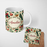 Personalized Custom Name Festive Christmas Stocking Gifts Bells Holly Leaves Seamless Pattern 11oz Ceramic Coffee Tea Mug White Large Handle