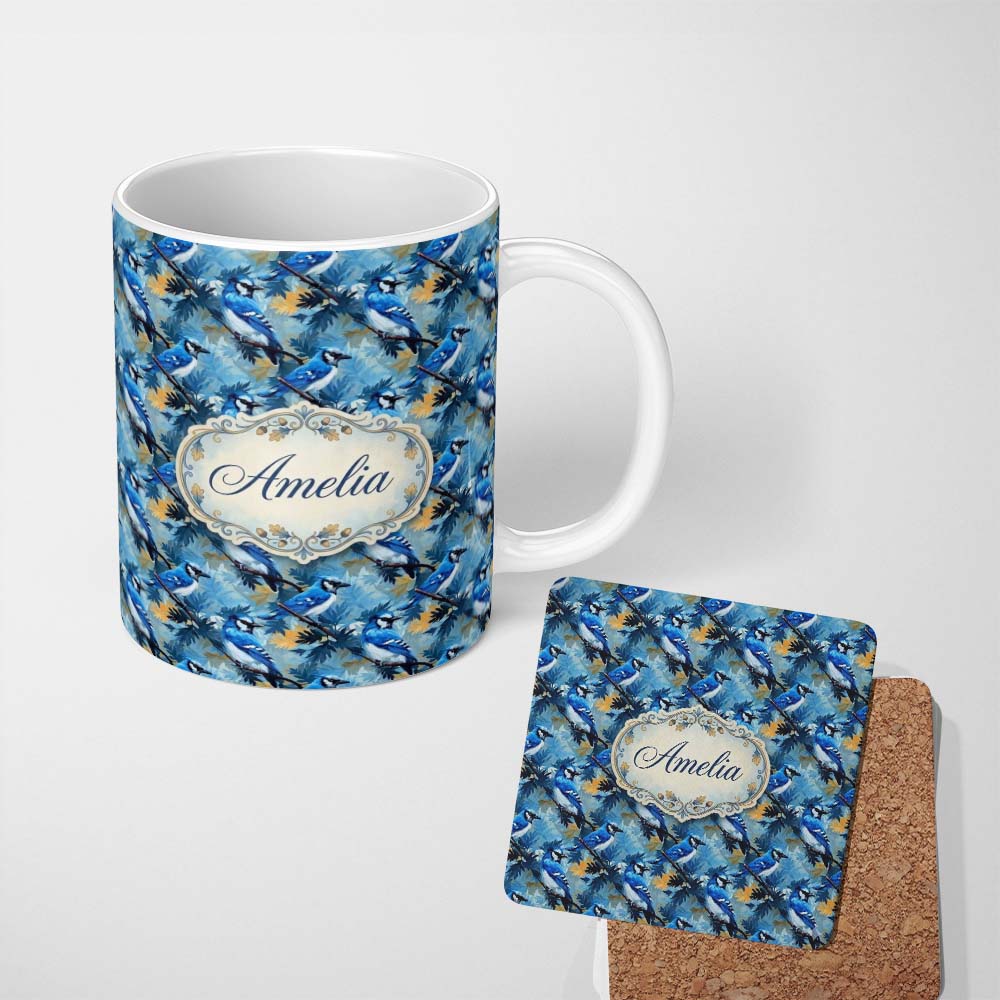 Personalized Custom Name Blue Jay Bird Artistic Foliage Painterly Botanical Wildlife Design 11oz Ceramic Coffee Tea Mug White Large Handle