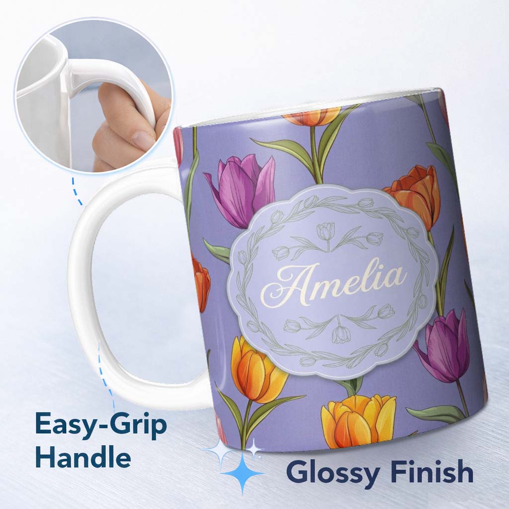 Personalized Custom Name Elegant Tulip Floral Seamless Pattern Purple Background Spring 11oz Ceramic Coffee Tea Mug White Large Handle