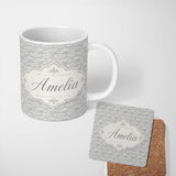 Personalized Custom Name Soft Neutral Floral Tile in Cream and Grey Embossed Style Design 11oz Ceramic Coffee Tea Mug White Large Handle