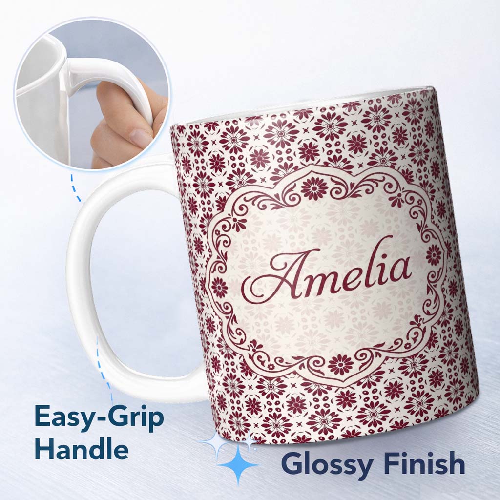 Personalized Custom Name Red Floral Daisy Repeat Seamless Pattern Perfect Gift for Her Lovely 11oz Ceramic Coffee Tea Mug White Large Handle