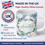 Personalized Custom Name Soft White Magnolia Blossoms on Blue Background Seamless Pattern 11oz Ceramic Coffee Tea Mug White Large Handle